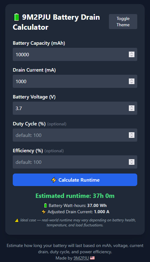 9M2PJU battery drain calculator