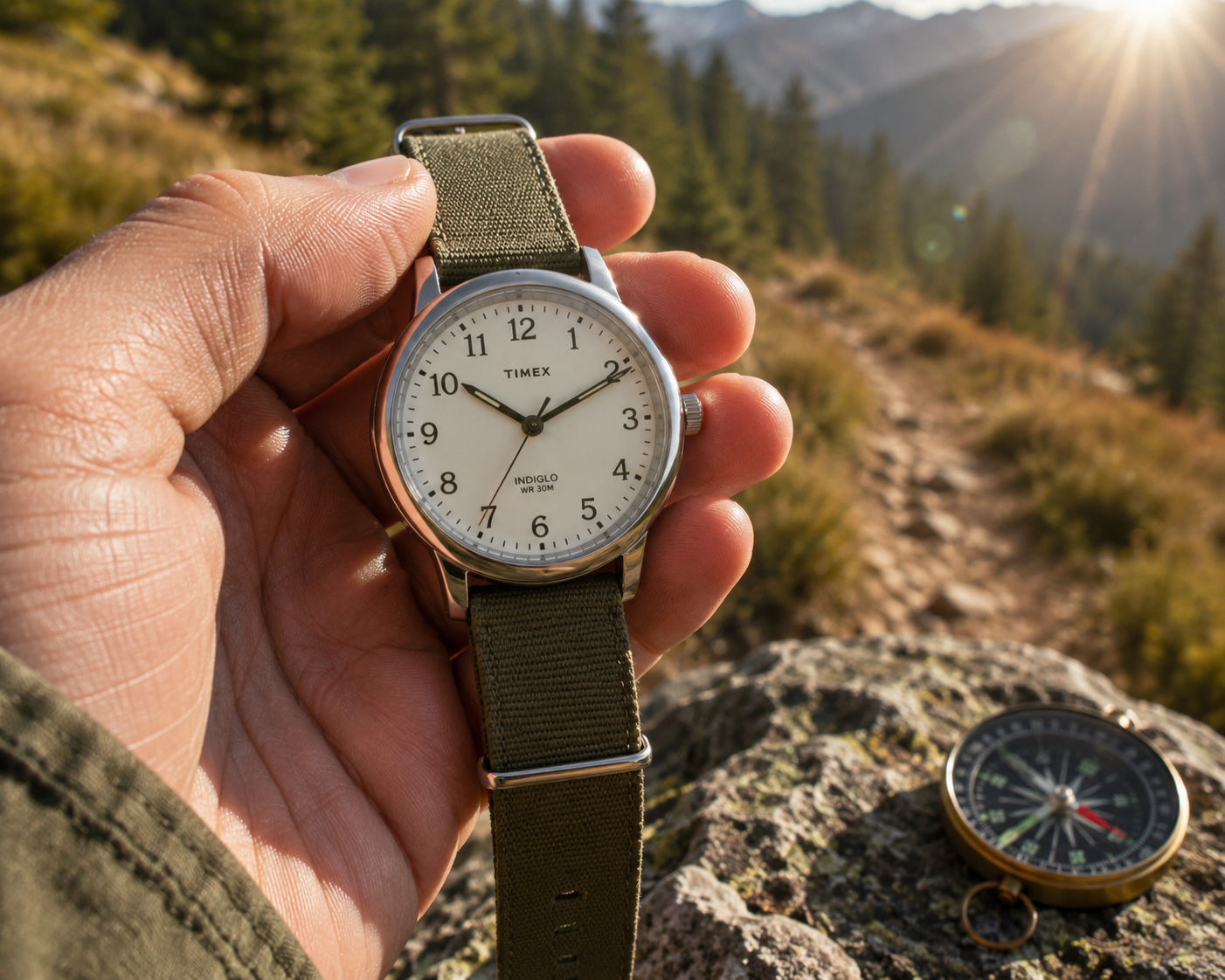 Close-up of a person holding an analog wristwatch in bright sunlight on a hiking trail, watch face visible, sun flare, outdoor adventure photography, shallow depth │ of field, natural green background