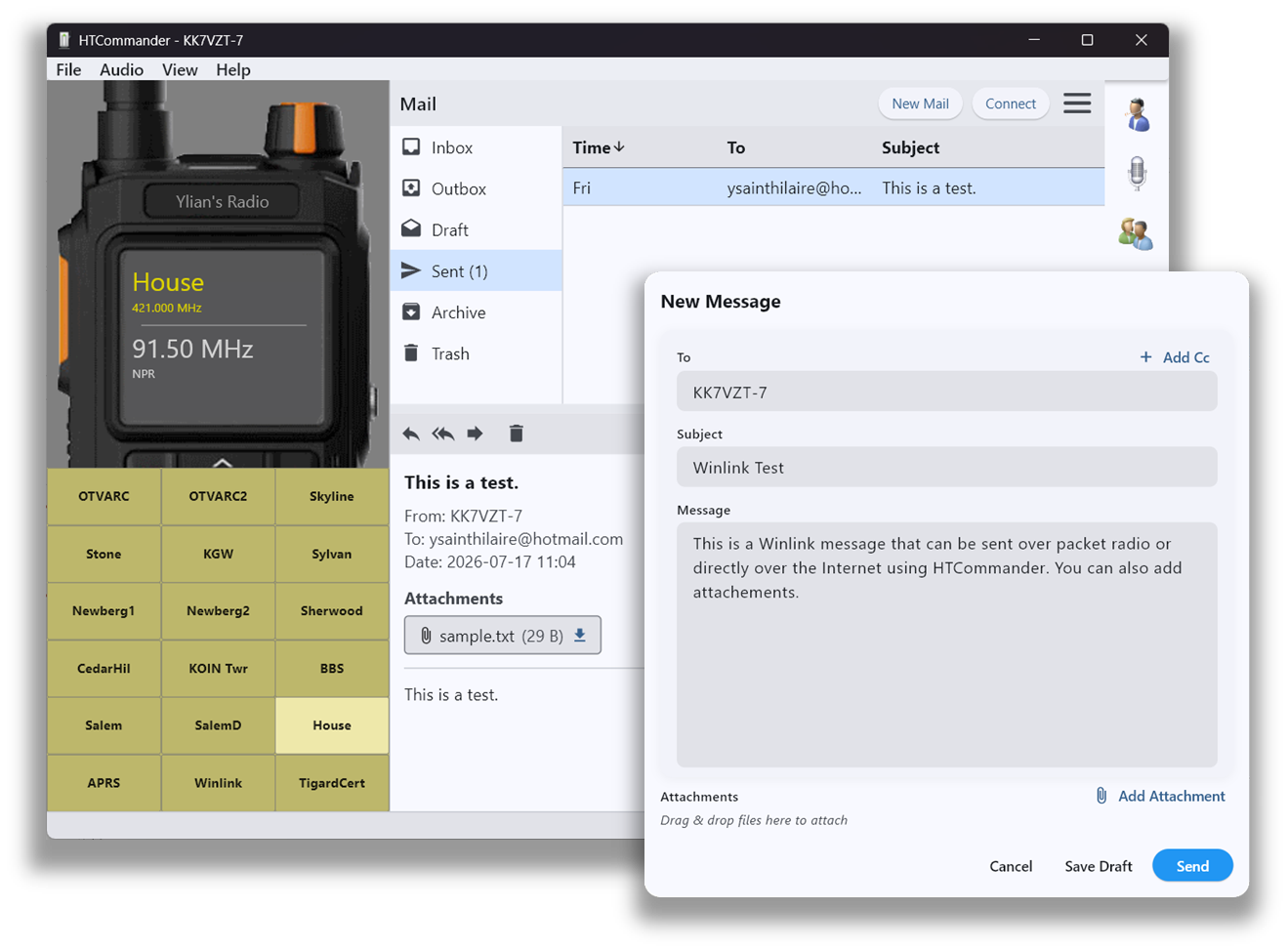 HTCommander Winlink radio email interface with packet and internet compose window