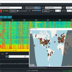 KiwiDX native Windows SDR client showing wideband HF waterfall and interactive global receiver discovery map