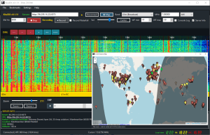 KiwiDX native Windows SDR client showing wideband HF waterfall and interactive global receiver discovery map