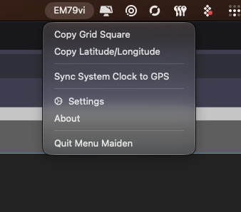 Menu Maiden macOS menu bar application showing live Maidenhead grid square and settings