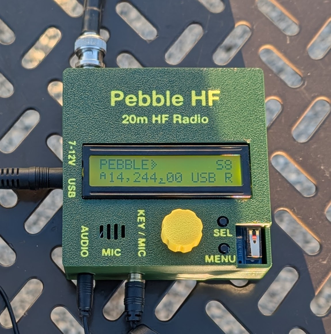 Pebble HF ultra-portable 20-meter QRP amateur radio transceiver kit with OLED display and built-in controls