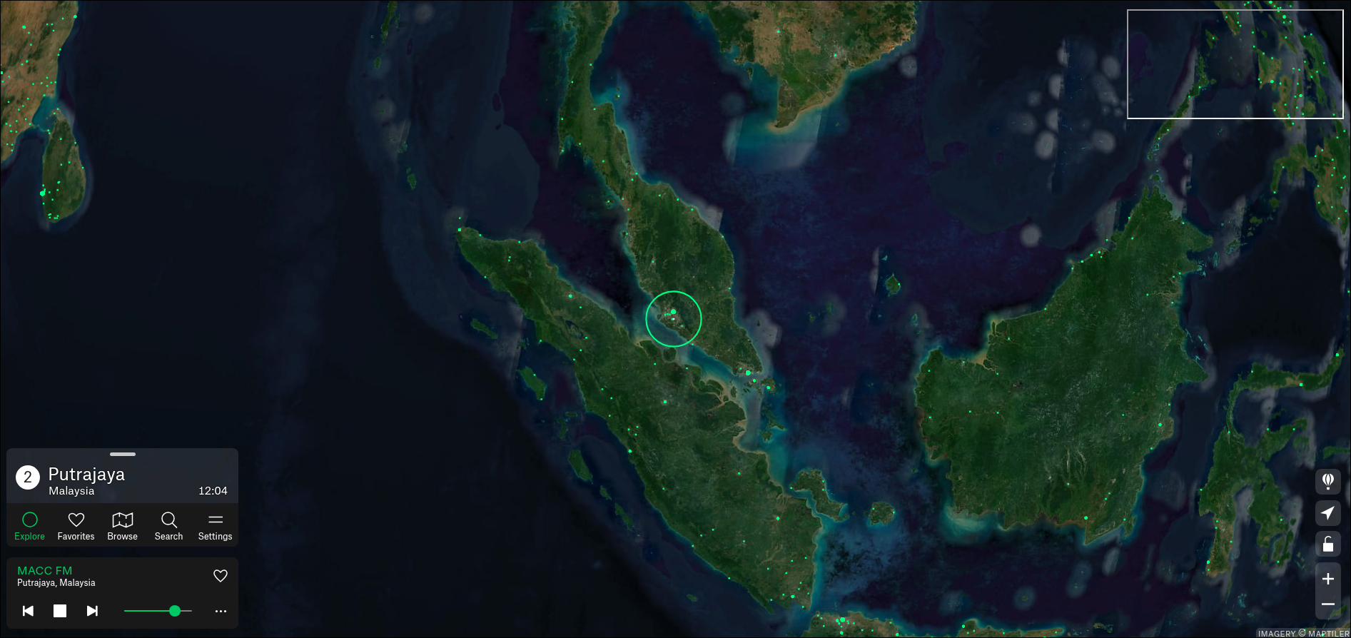 Radio Garden interactive 3D WebGL globe showing live global broadcast radio station clusters