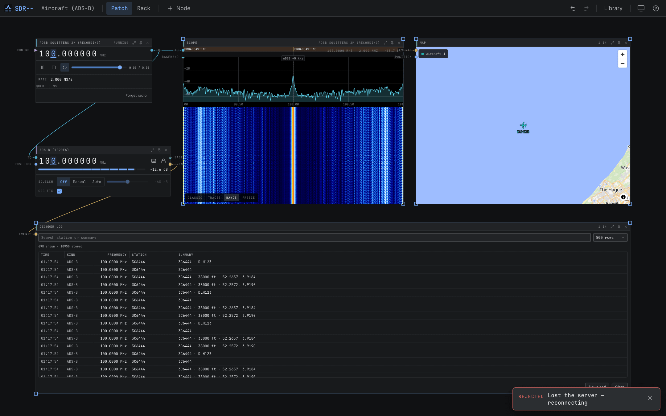 SDR-- modular node-based software-defined radio patch canvas showing RTL-SDR wired to decoders and audio sinks