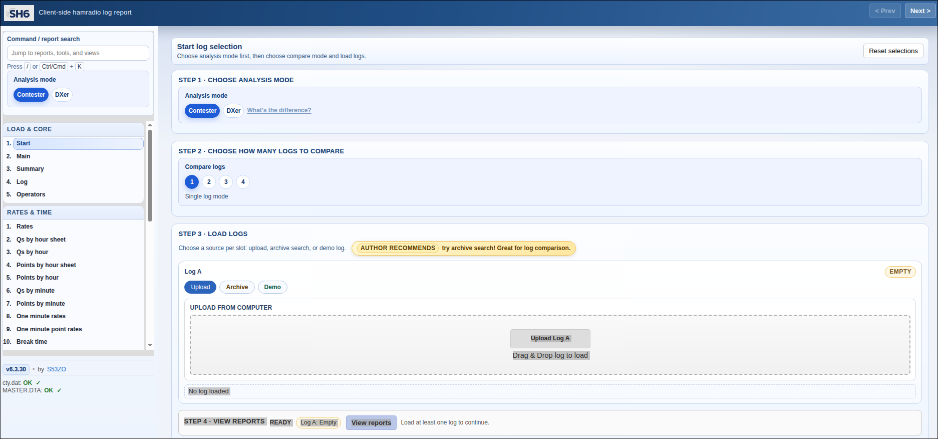 SH6 Hamradio Log Report browser-based contest and DX log analyzer interface by S53ZO
