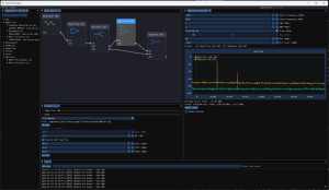 Tiny RF Simulator C++20 and Dear ImGui interface showing modular RF component cascade with real-time spectrum probing