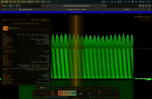 VibeSDR mobile touch SDR receiver interface running on iOS and Apple Watch with spectrum waterfall display