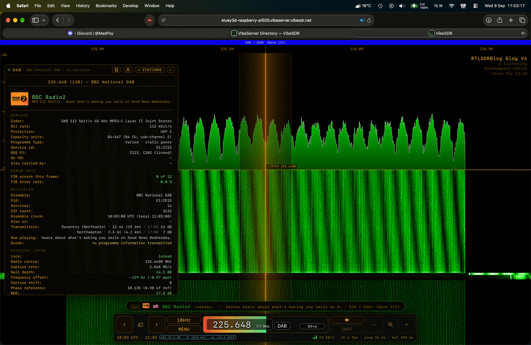 VibeSDR mobile touch SDR receiver interface running on iOS and Apple Watch with spectrum waterfall display