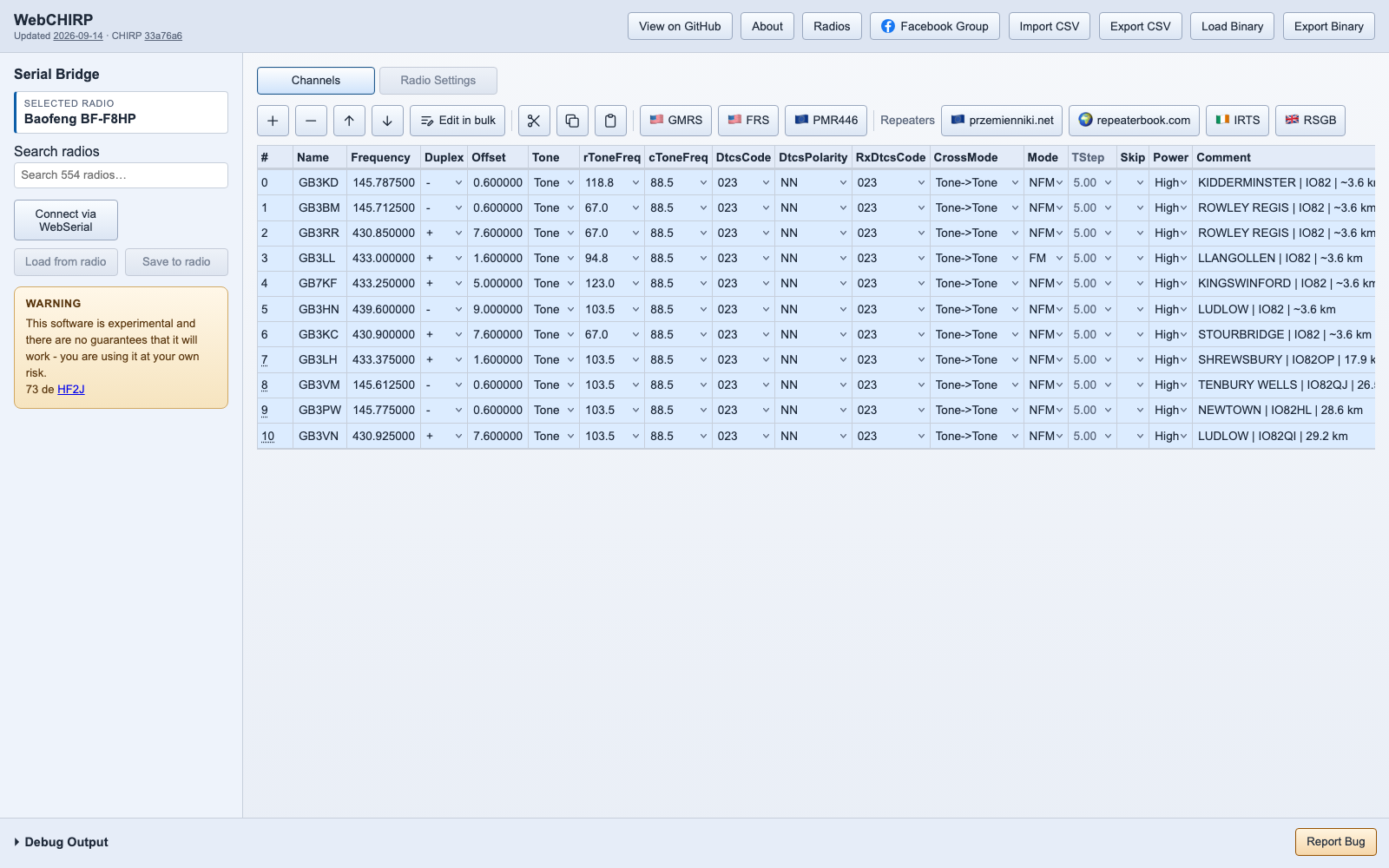 WebCHIRP browser user interface showing frequency channel memory list, radio settings, and WebSerial connect panel