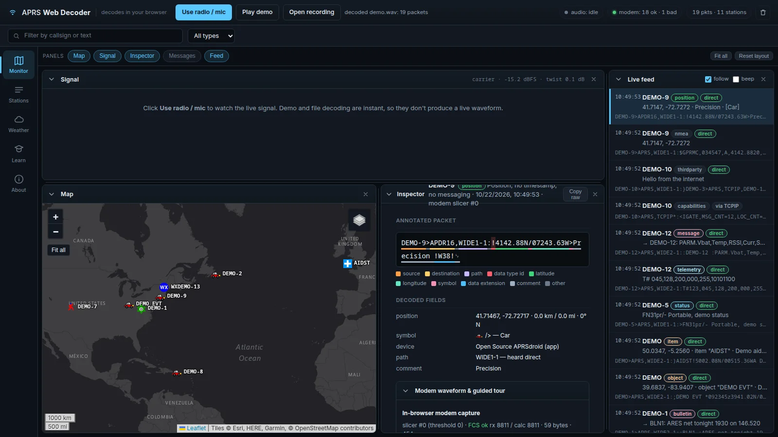 APRS Web Decoder at aprs.blink.tel decoding demo traffic with live map, inspector and packet feed