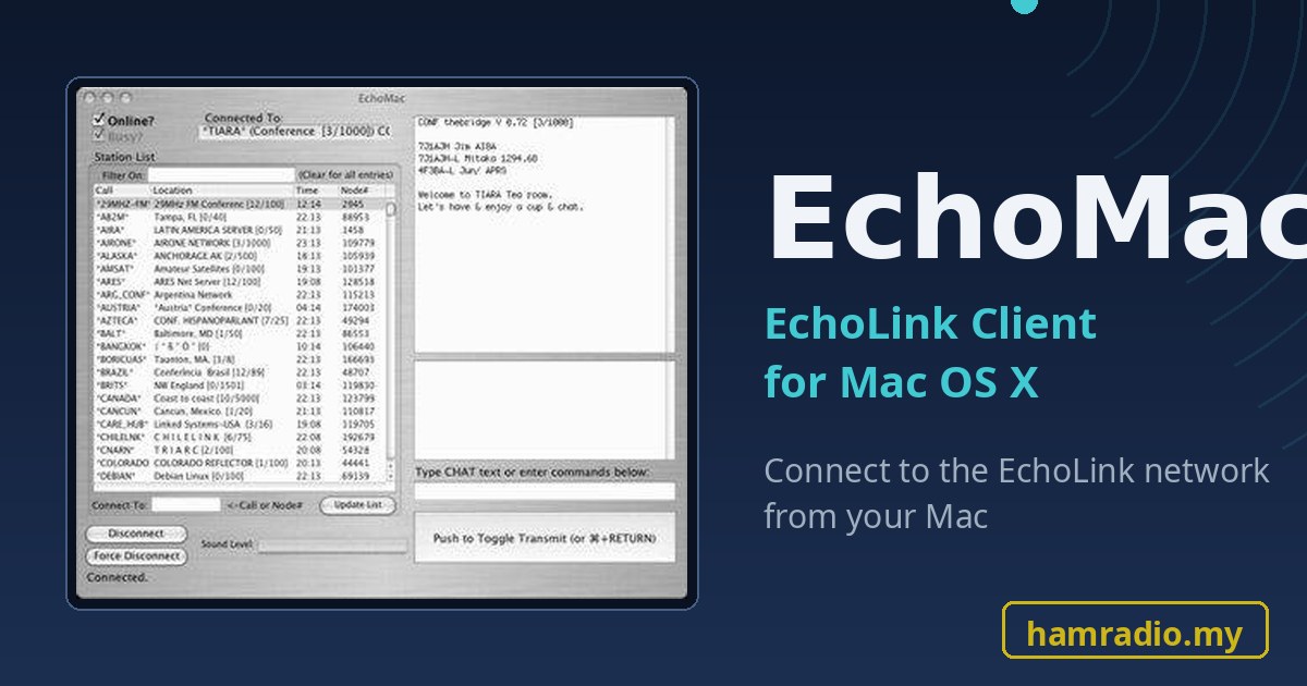 EchoMac v0.14.2 main window connected to the EchoLink network on Mac OS X