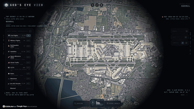 Airport ground traffic in Google Photorealistic 3D: live aircraft taxiing with trails on a 3D apron in God's Eye View