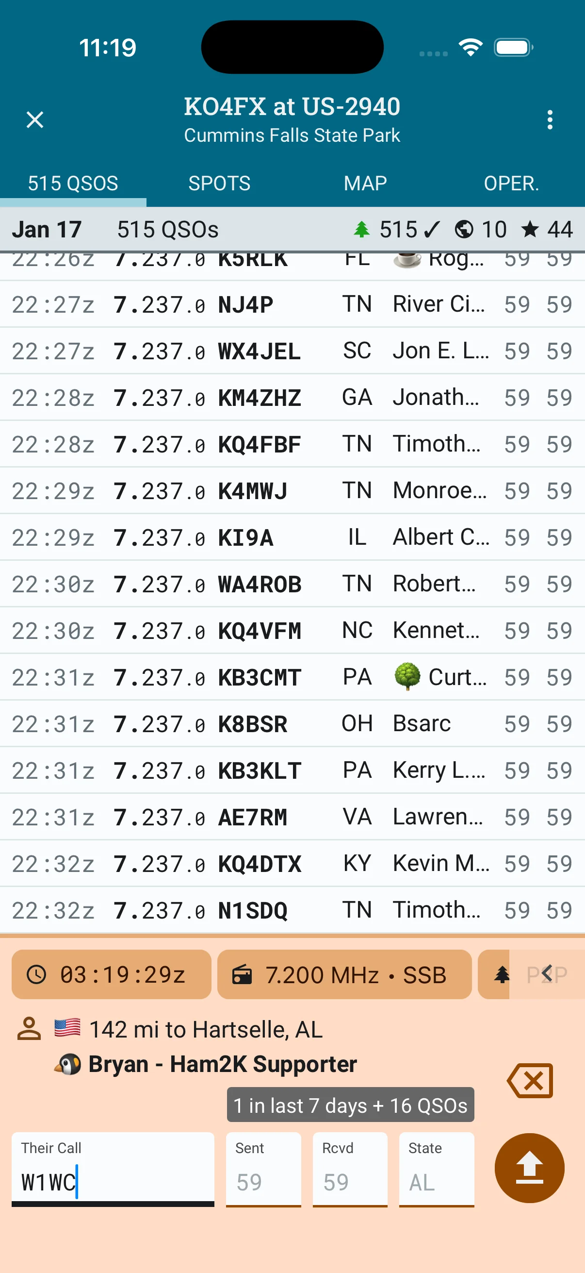 Ham2K Portable Logger mobile view running on desktop showing clean POTA activation QSO entry