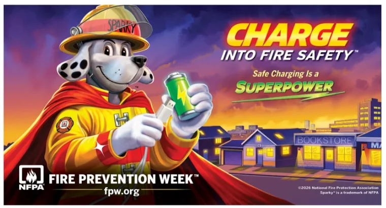 HamFire 2026 Charge into Fire Safety graphic: charge lithium-ion batteries on a hard flat surface, never on beds, couches, or under pillows.