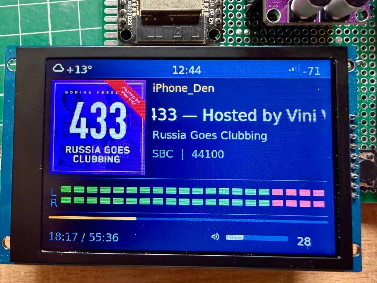 JRadio Bluetooth screen receiving audio from a phone with track name, cover and transport controls