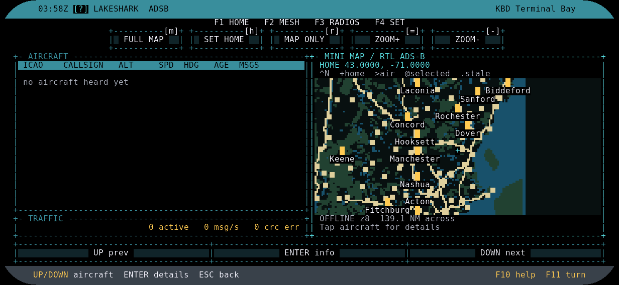 LakeShark ADS-B aircraft tracking screen with offline mini map of New Hampshire area