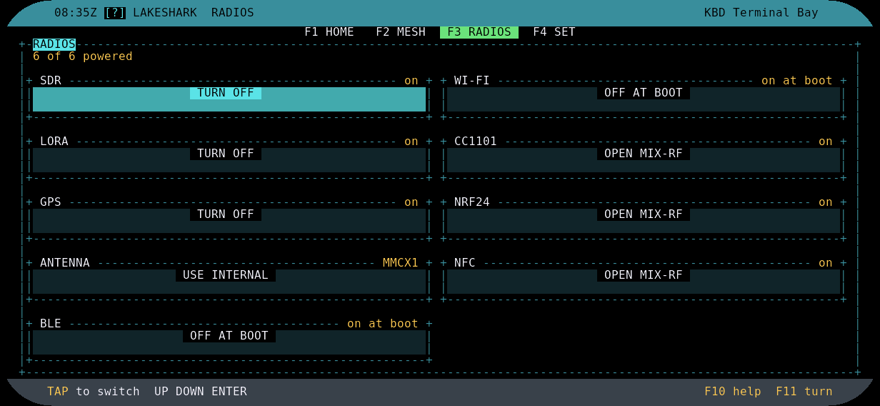 LakeShark RADIOS screen with Wi-Fi Bluetooth and radio startup controls