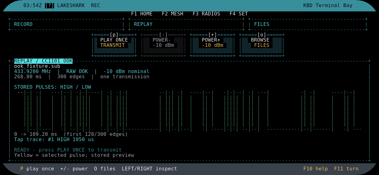 LakeShark RECORD app signal replay screen with playback controls and waveform