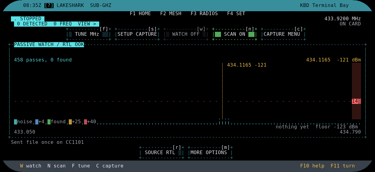 LakeShark SUB-GHZ scanner screen sweeping sub-GHz frequencies