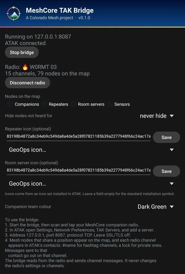 The MeshCore TAK Bridge app showing connection status, radio summary, node filters, and icon and team colour settings