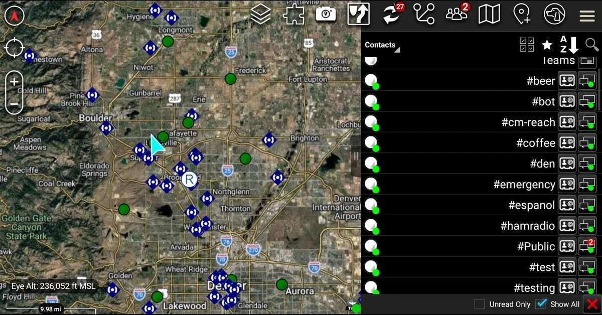 ATAK map of the Boulder and Denver area with MeshCore repeaters as installation symbols and companion radios as team markers, plus mesh channels as contacts