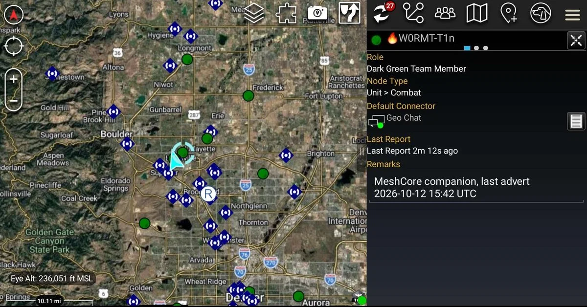 ATAK map with a companion node selected, showing its details panel with team colour, connector, and last advert time