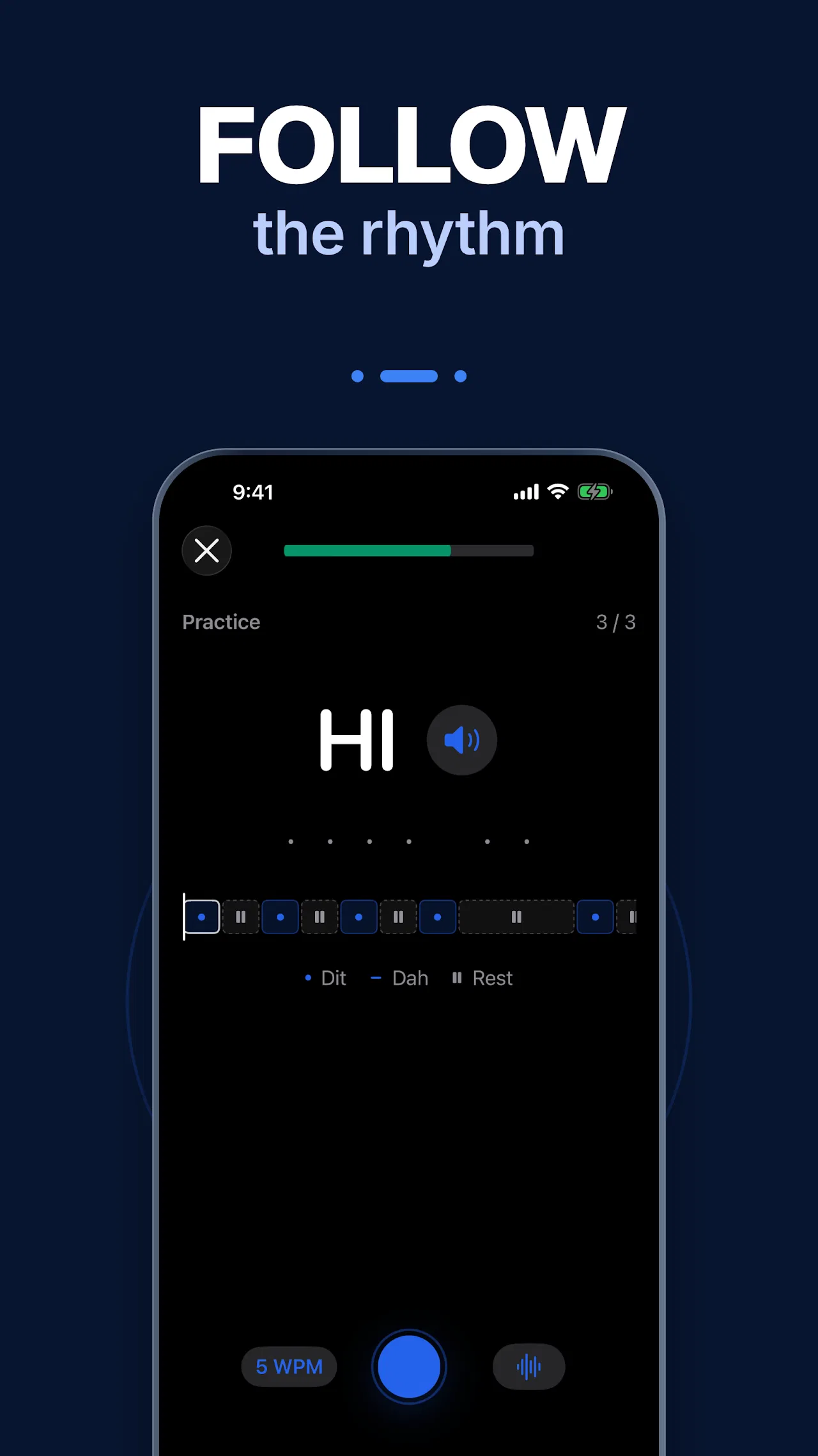 Follow the rhythm drill showing the word HI with a dit dah rest timeline at 5 WPM