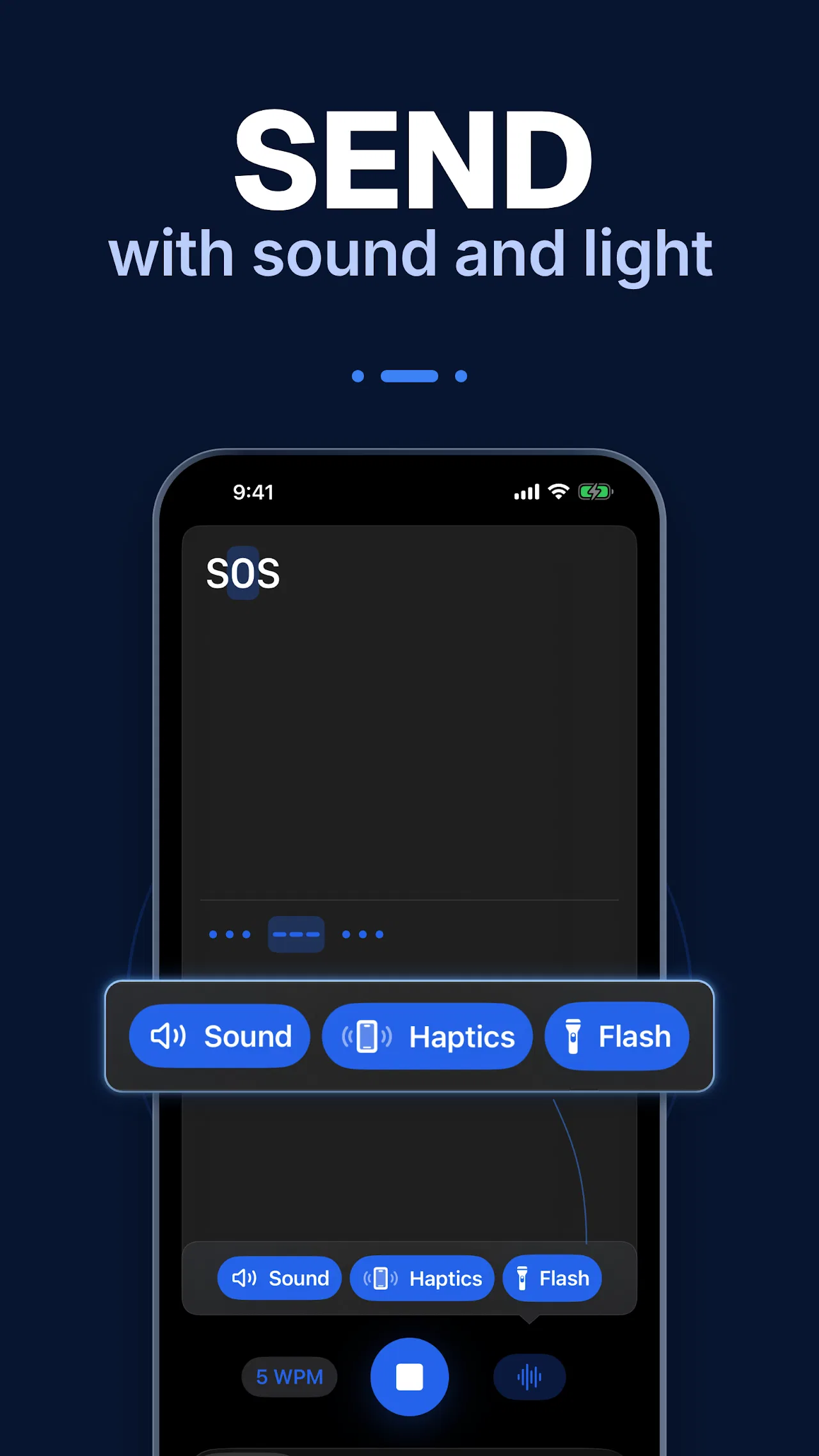Send screen with SOS loaded and Sound Haptics and Flash output buttons at 5 WPM