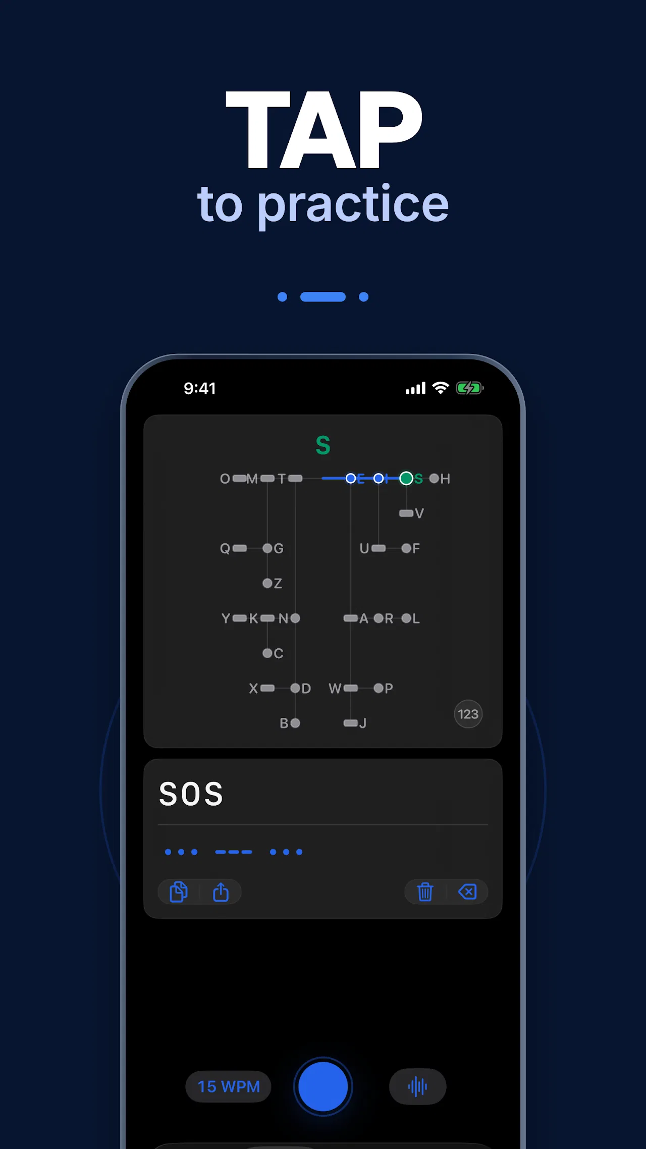 Tap to practice screen showing the visual Morse tree with the E to I to S path highlighted and SOS decoded at 15 WPM