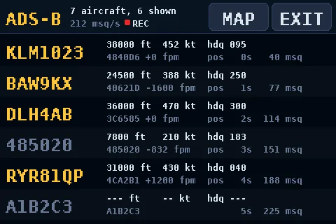 P4 SDR ADS-B aircraft list showing callsign altitude speed heading and climb rate