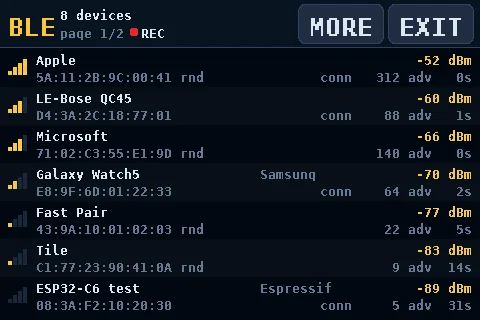 P4 SDR BLE scanner listing nearby Bluetooth devices with signal and advert count