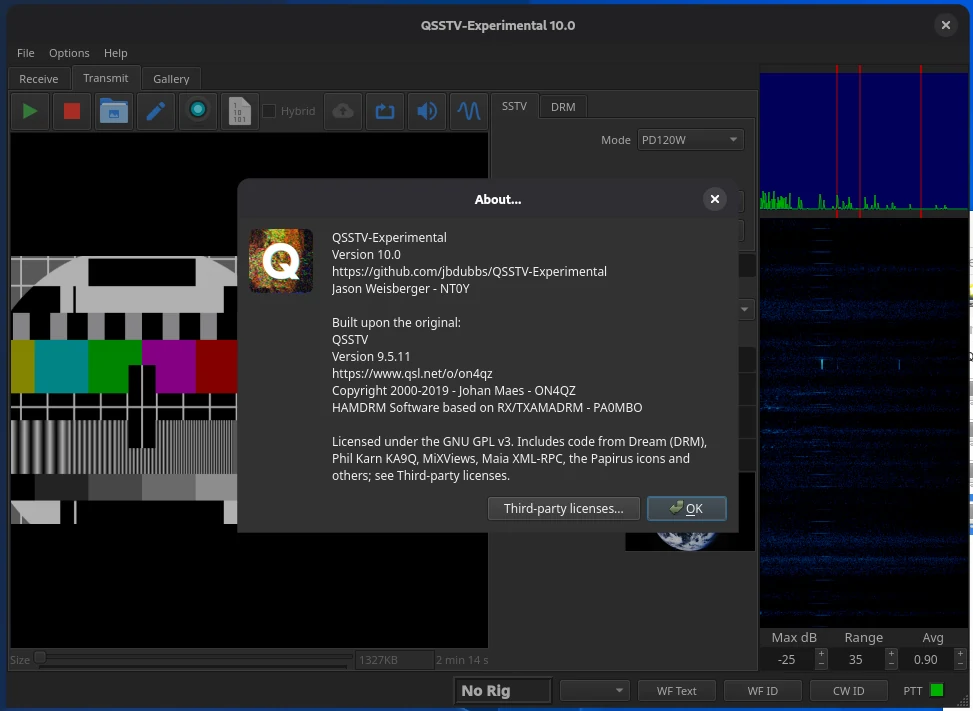 QSSTV-Experimental 10.0 application window running on a Linux desktop in a dark theme, showing the SSTV and HAMDRM receive and transmit interface
