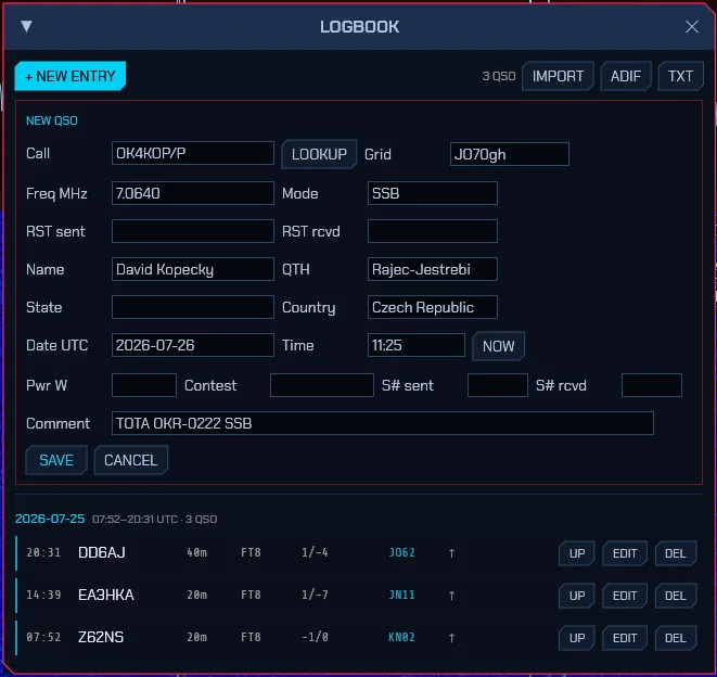The SDRoxide logbook window with QSOs grouped into daily sessions showing a time span and QSO count