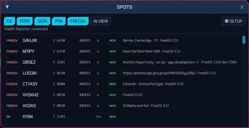 The SDRoxide spots window listing live FreeDV Reporter and DX cluster spots with source filters for DX, POTA, SOTA, PSK and FreeDV