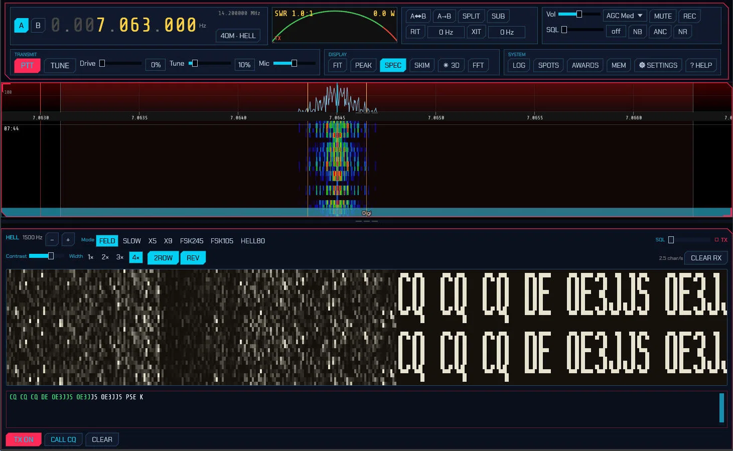 The SDRoxide Hellschreiber panel painting a CQ call as dot-matrix letters scrolling across the doubled receive raster