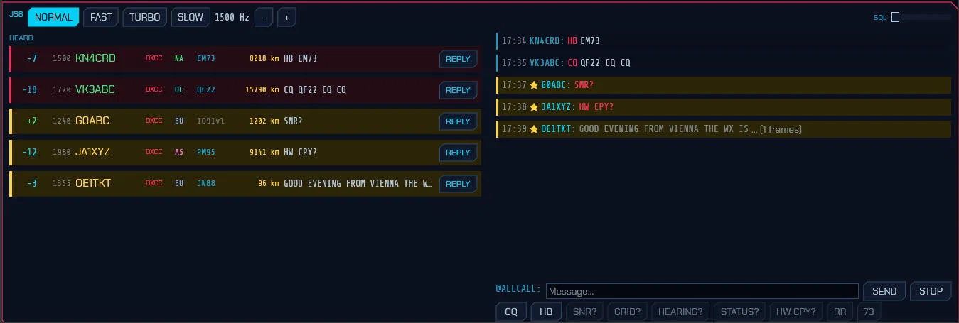 The SDRoxide JS8 panel with stations heard listed with reports and their last message, conversation on the right, and query buttons under the composer