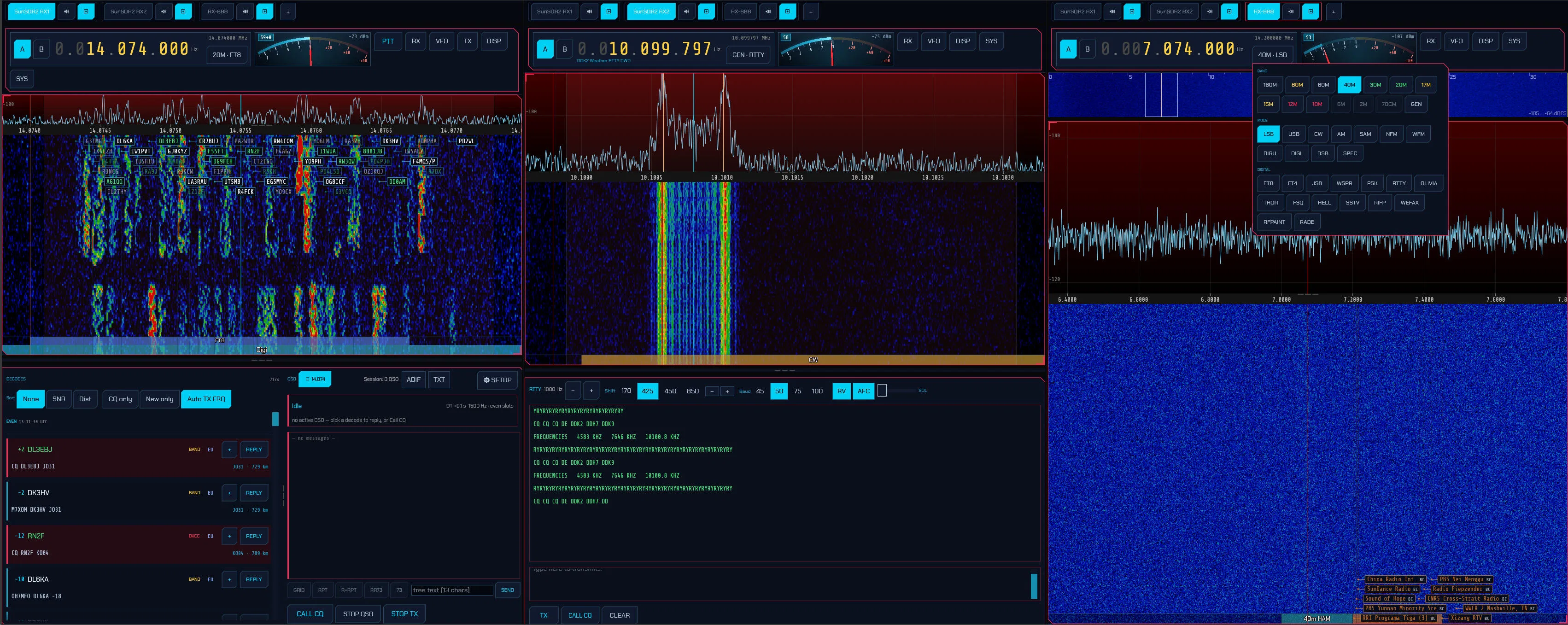 SDRoxide running multiple radios and receivers simultaneously with tabbed and side-by-side layouts