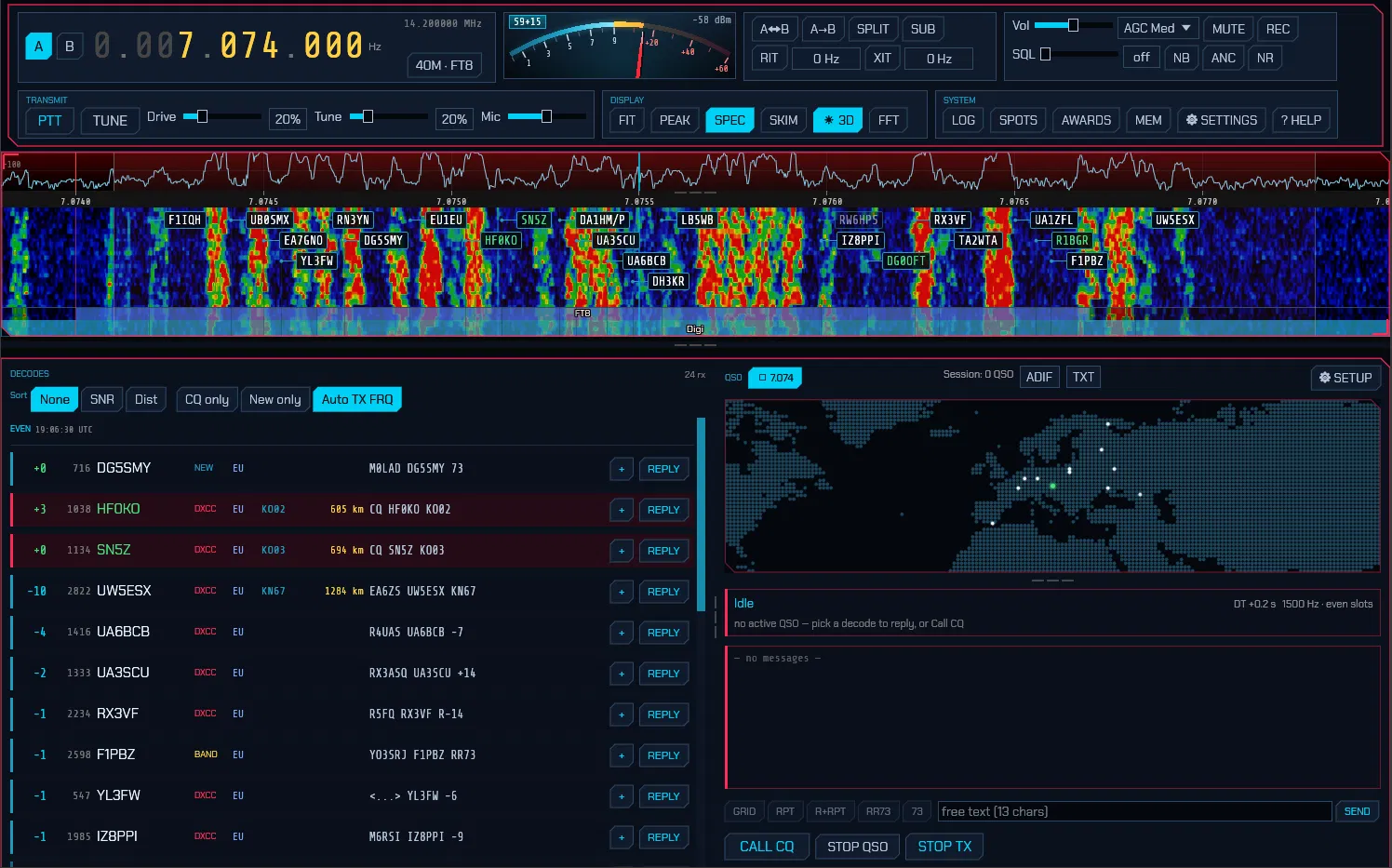 The SDRoxide FT8 panel from the project README with the decode list, auto-sequencing QSO controls, and dot-matrix world map