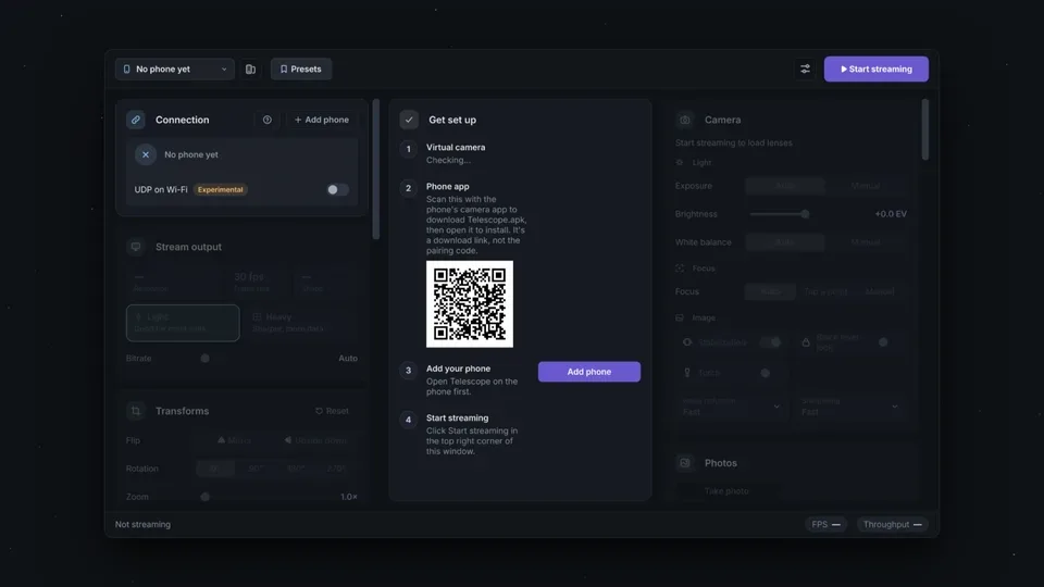Telescope desktop setup checklist guiding virtual camera setup, phone app install via QR code and pairing