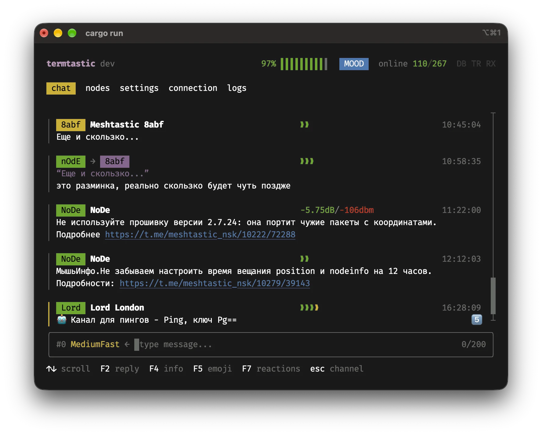 Termtastic chat messenger showing Meshtastic messages with node names, SNR, hop count, timestamps and reactions