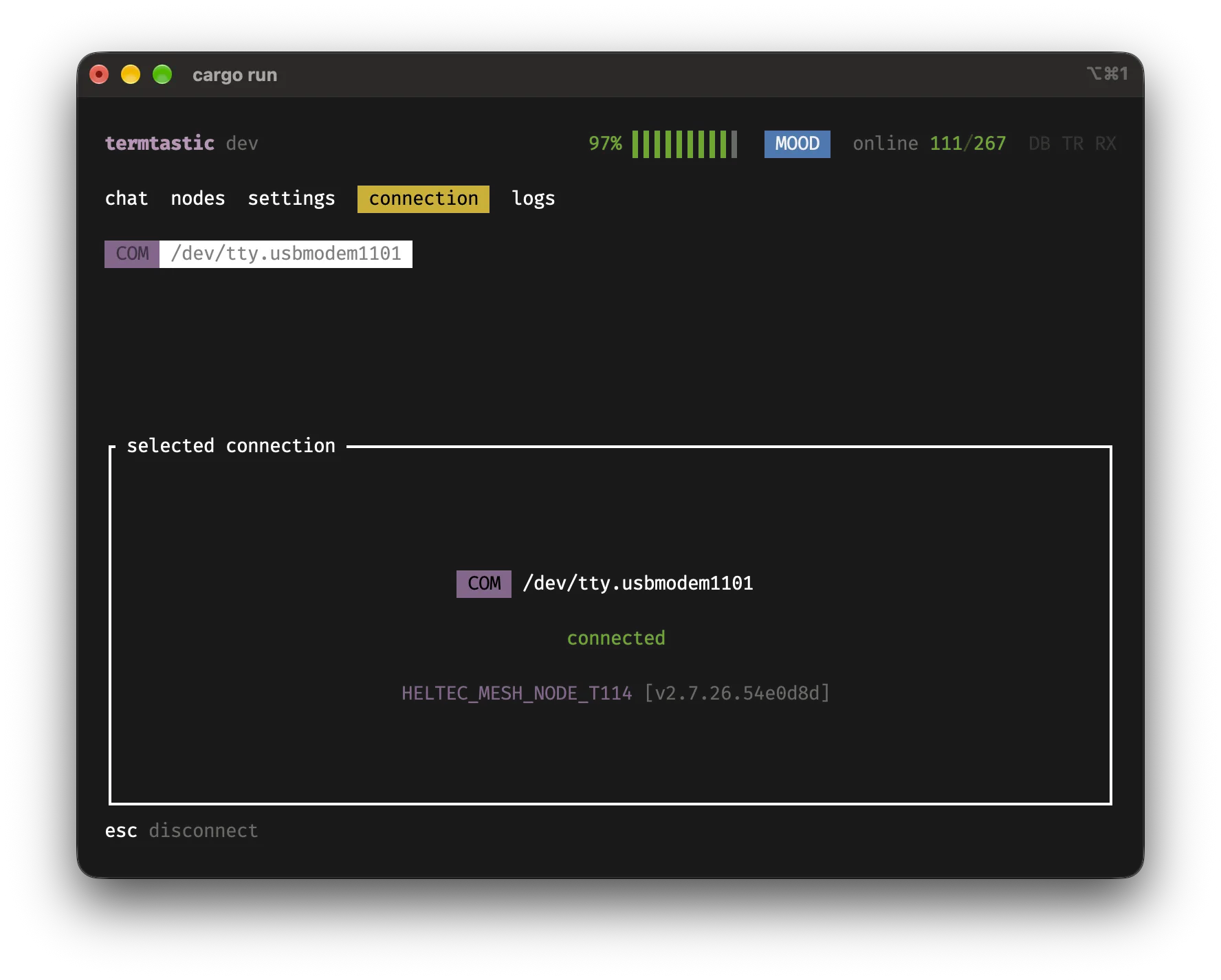 Termtastic connection tab listing TCP, BLE and serial Meshtastic devices with discovery status