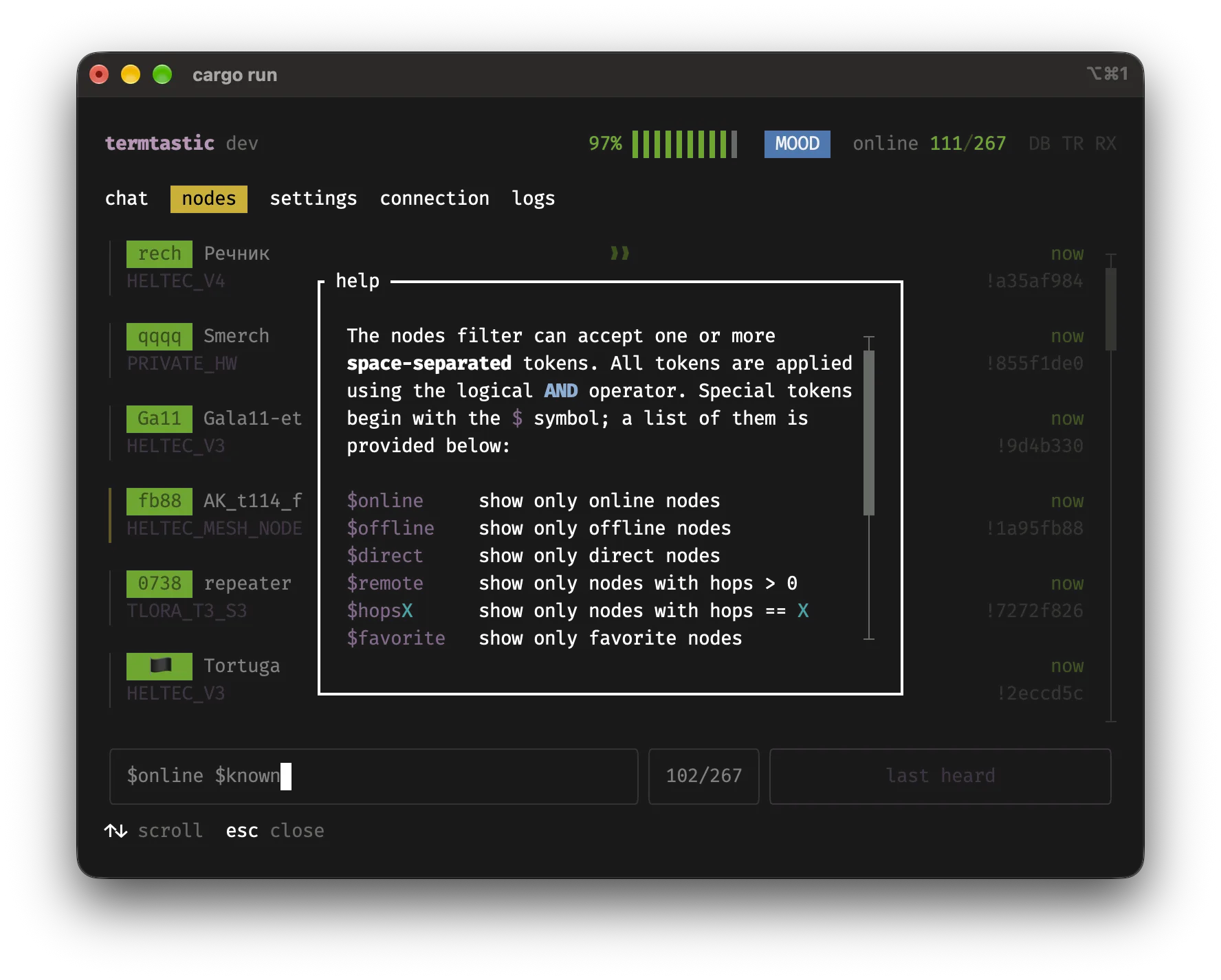 Termtastic node filters view showing special token filtering for large node lists