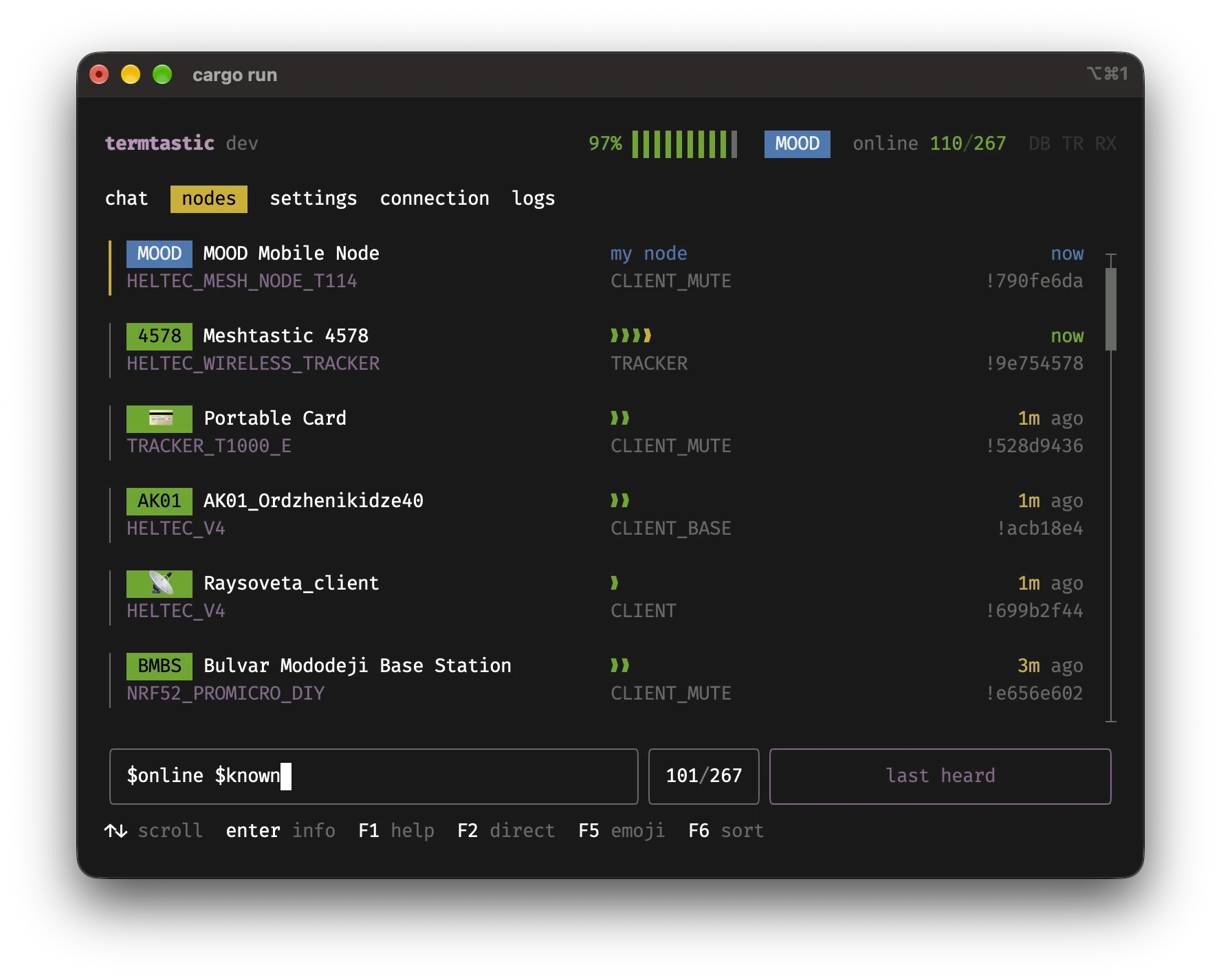 Termtastic nodes list with signal, hop count and last heard columns plus fuzzy search and filter bar