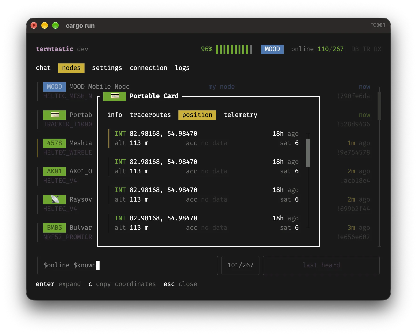 Termtastic node position view showing coordinates and map style location details