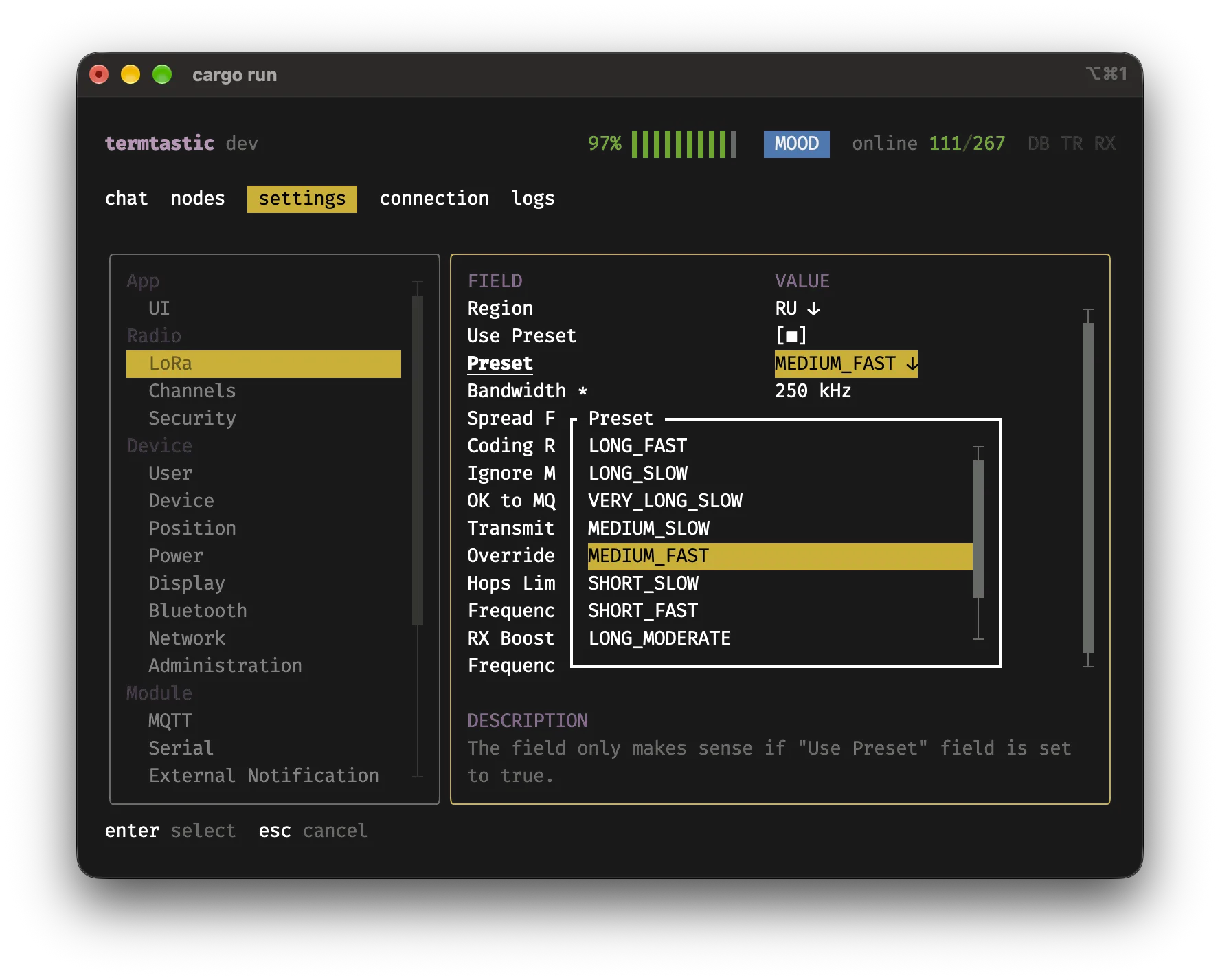 Termtastic settings tab showing radio, device and module configuration sections