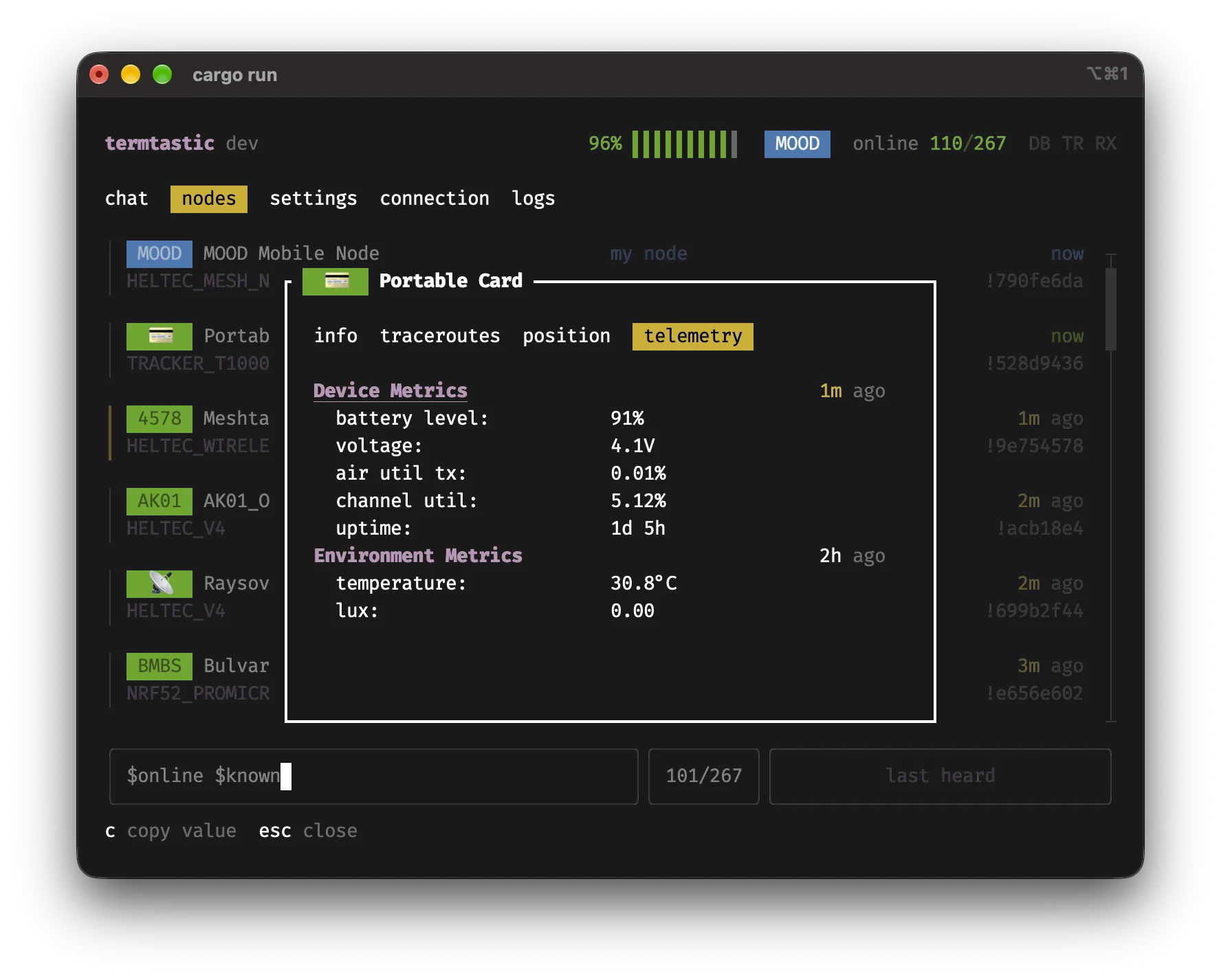 Termtastic node telemetry view showing battery, voltage and sensor readings from local database