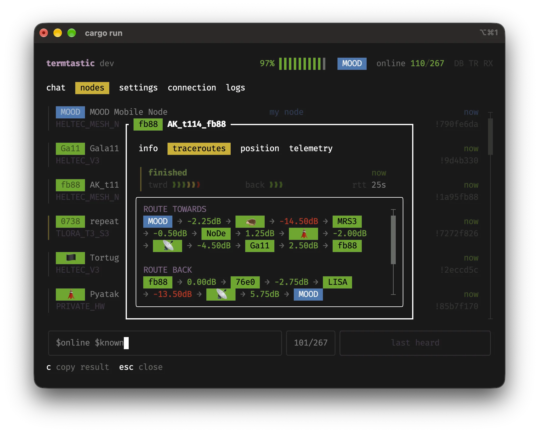 Termtastic traceroute popup showing hop by hop path with signal readings and copy button