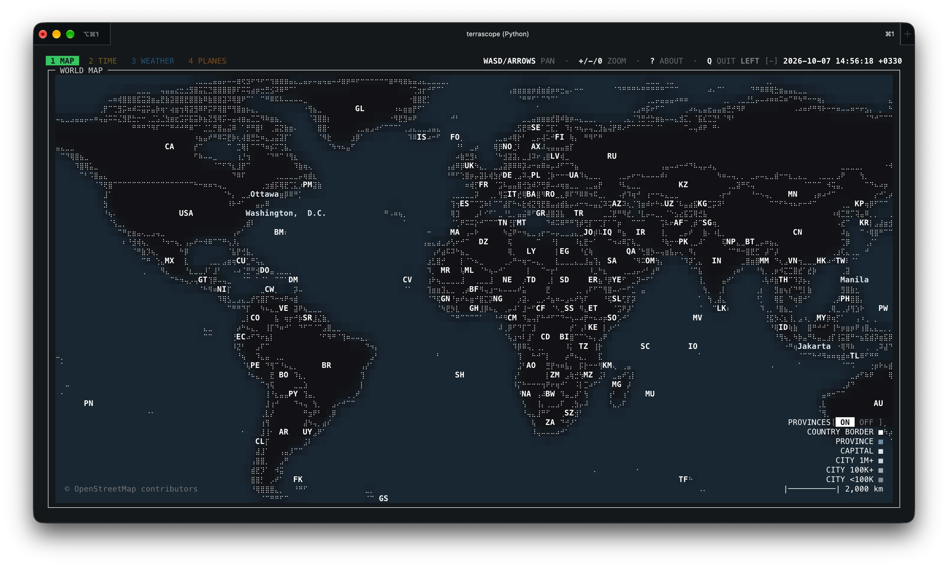 Terrascope MAP tab showing the global world map with country outlines in a terminal