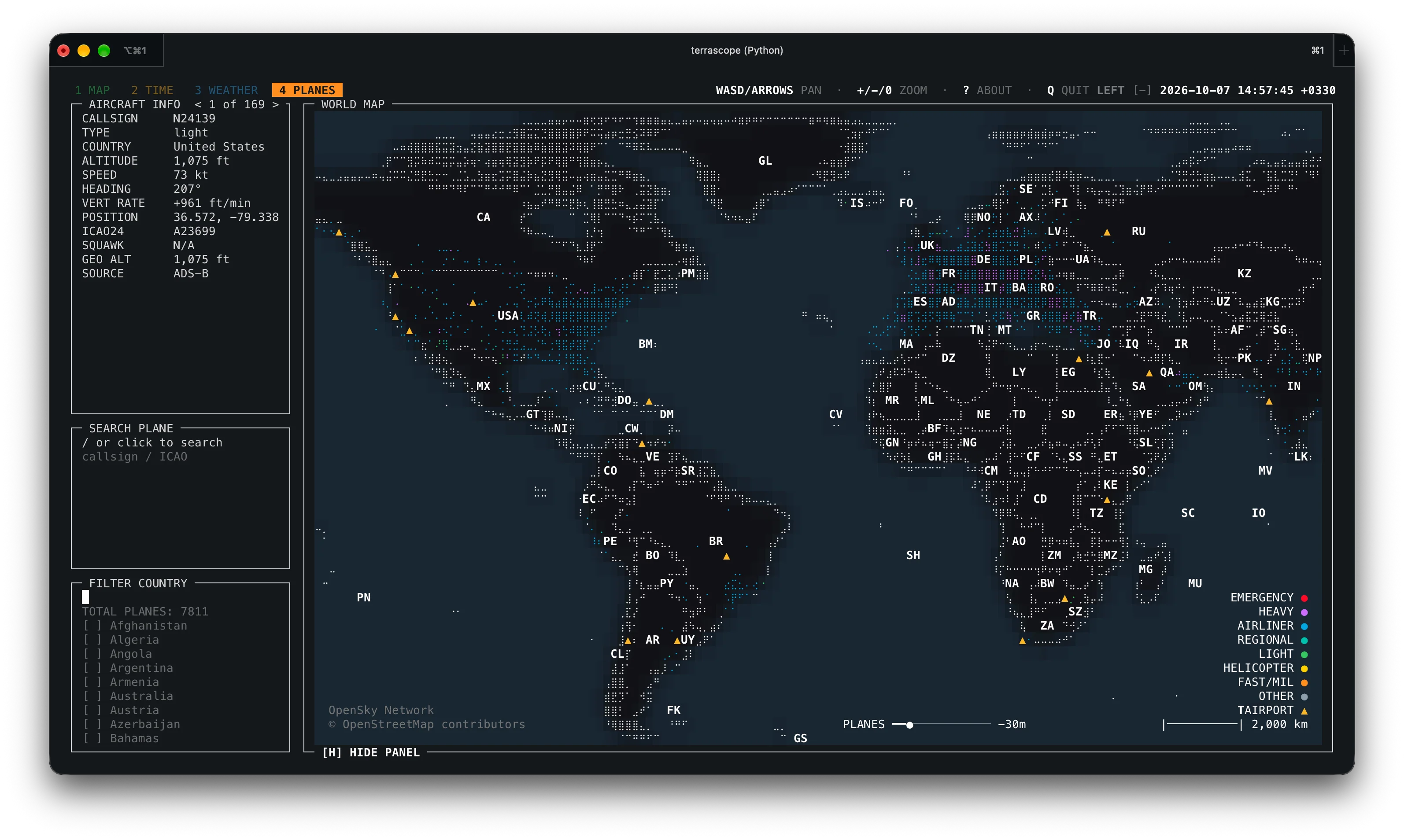 Terrascope PLANES tab showing live aircraft positions from the OpenSky Network on a terminal world map